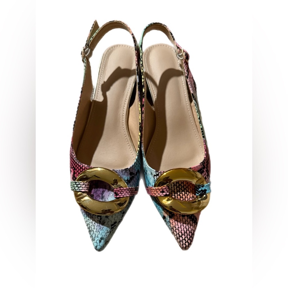 Multicolor Slingback Pumps with Gold Accent